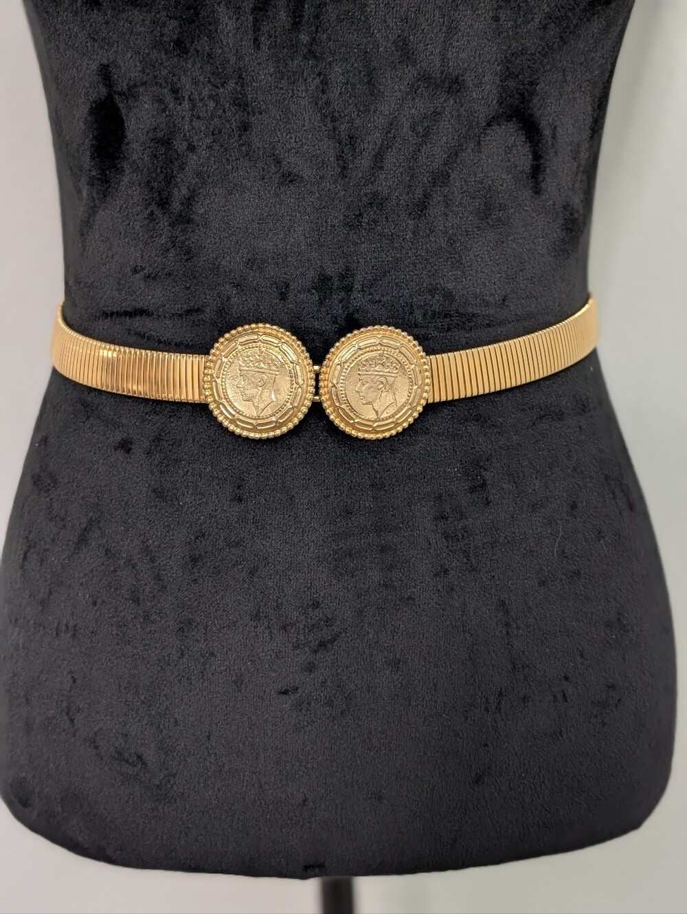 Gay Boyer Gold Tone Coin Stretch Belt Double King Medallion Vintage